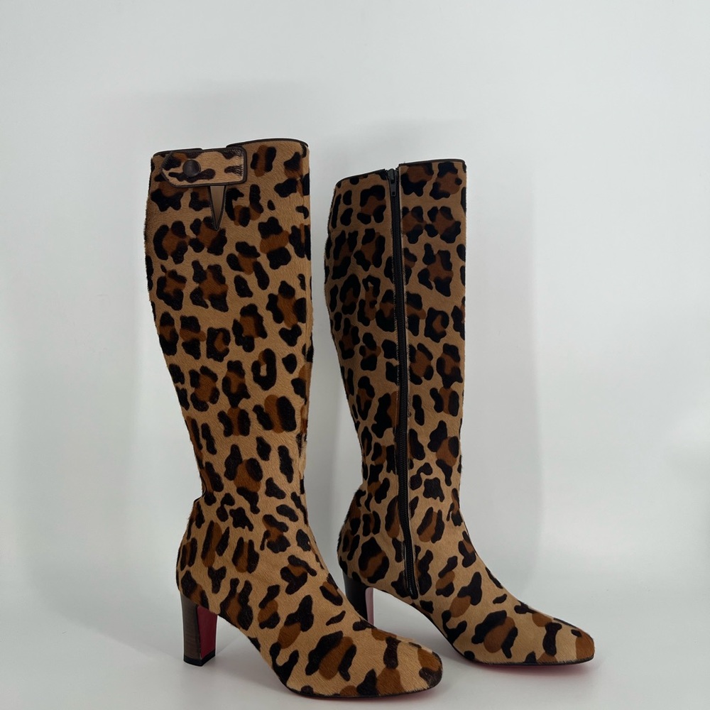 Christian Louboutin Cate Pony-hair Calfskin Leopard Knee High Buckle Boots